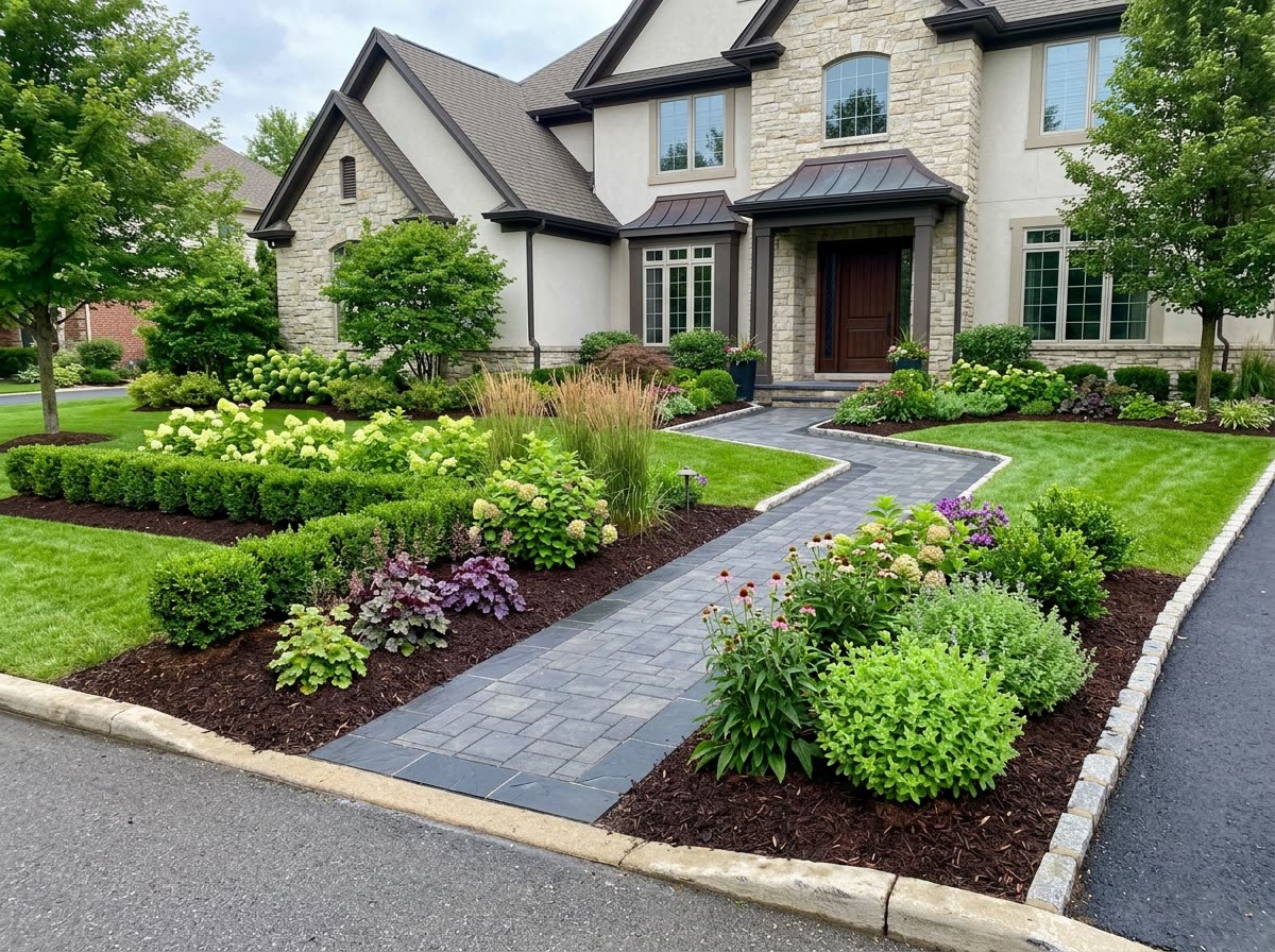 Newly installed front-yard landscape with shrubs, stone edging and a paver walkway