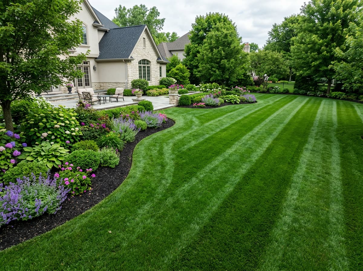 Freshly mowed lawn with crisp mowing stripes beside landscaped beds