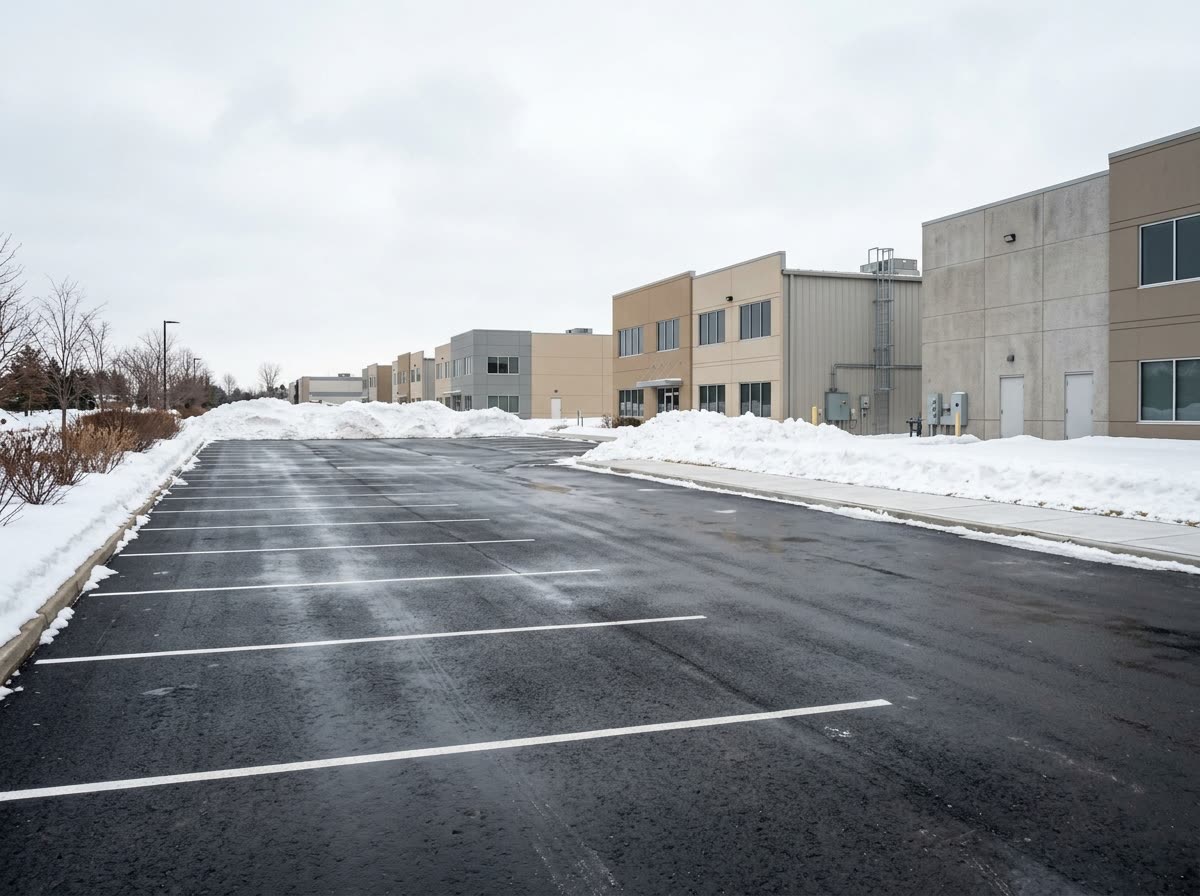 Freshly plowed commercial parking lot cleared of snow