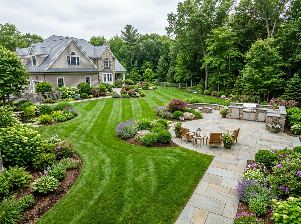 Spacious manicured backyard with a striped lawn and layered planting beds