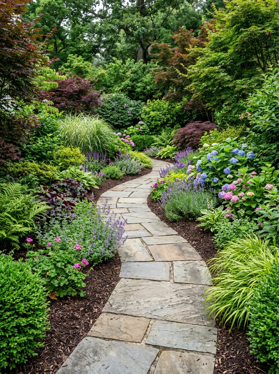 Natural stone paver walkway curving through a lush planted garden