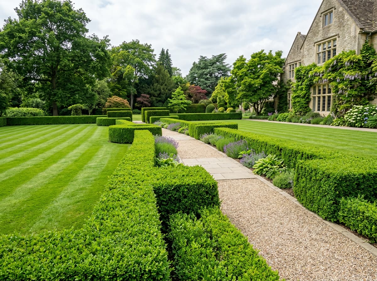 Neatly sculpted boxwood hedges lining a manicured lawn and walkway