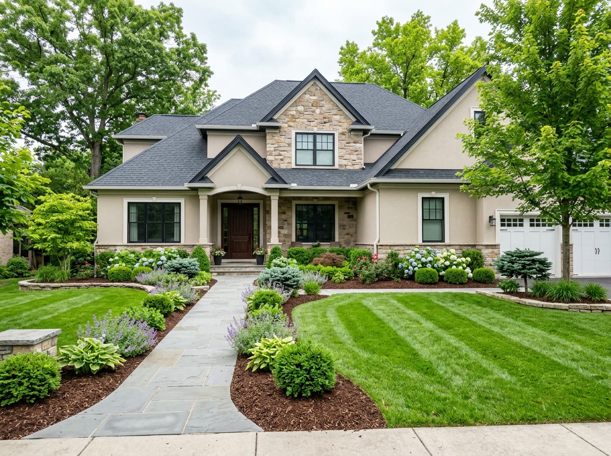 Front-of-home curb appeal with striped lawn and tidy foundation beds
